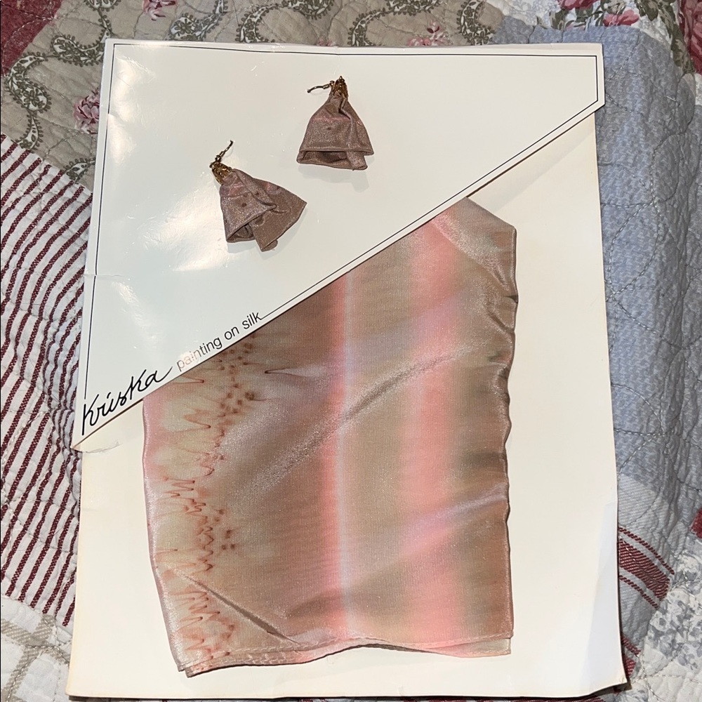 Vintage NWT Kriska silk painted scarf & earrings 44” x 8.5”